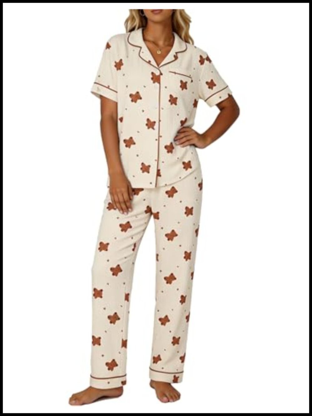 Women's 2 Piece Pajama Set Short Sleeve Button Shirt and Long Pants Lounge